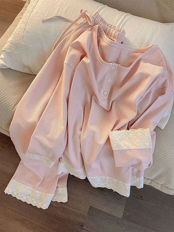 Plus Size 300-Pou Zoete Kanten Rand Roze Lange Sve Spwear Dames Lente Herfst Nieuwe Gestreepte Lange Broek Thuis kleding