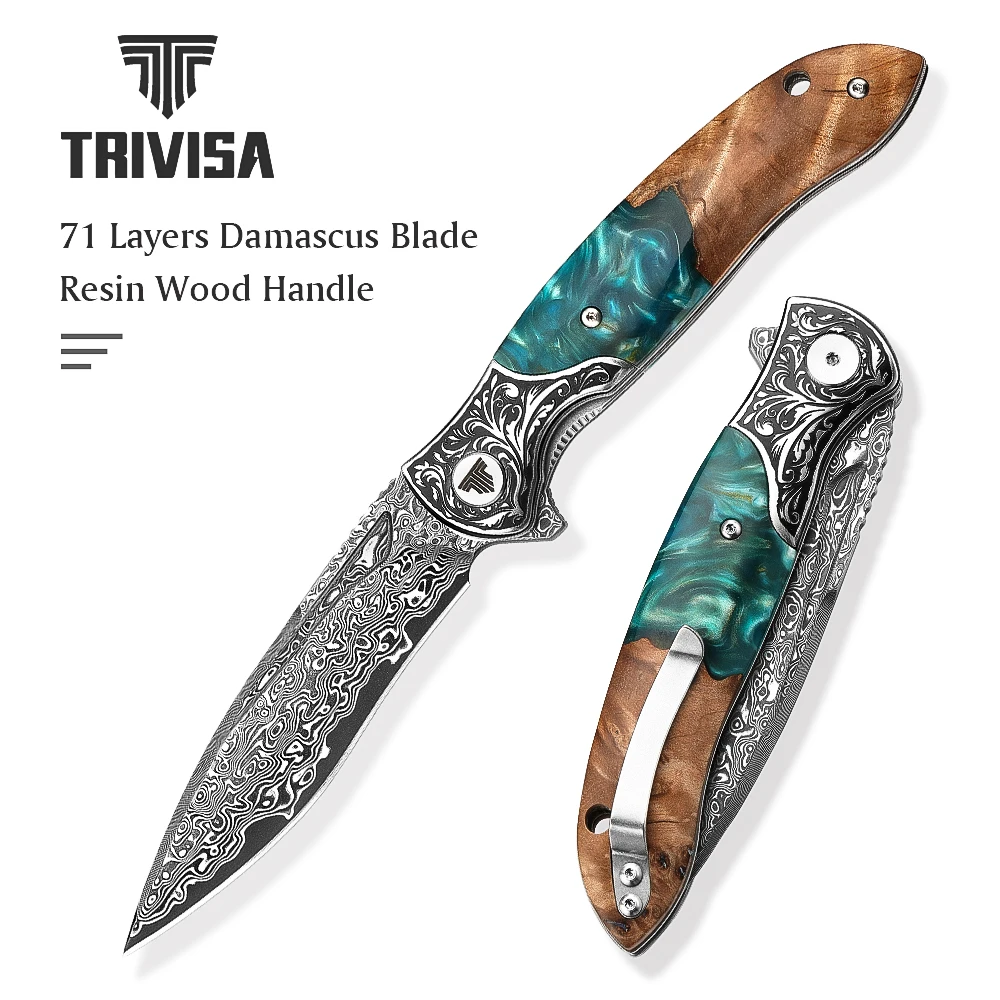 TRIVISA Folding Knife with Clip，，Pocket Knife for Men，Sharp 71-Damascus Flipper Knife &Resin Wood Handle for EDC，Virgo-07L