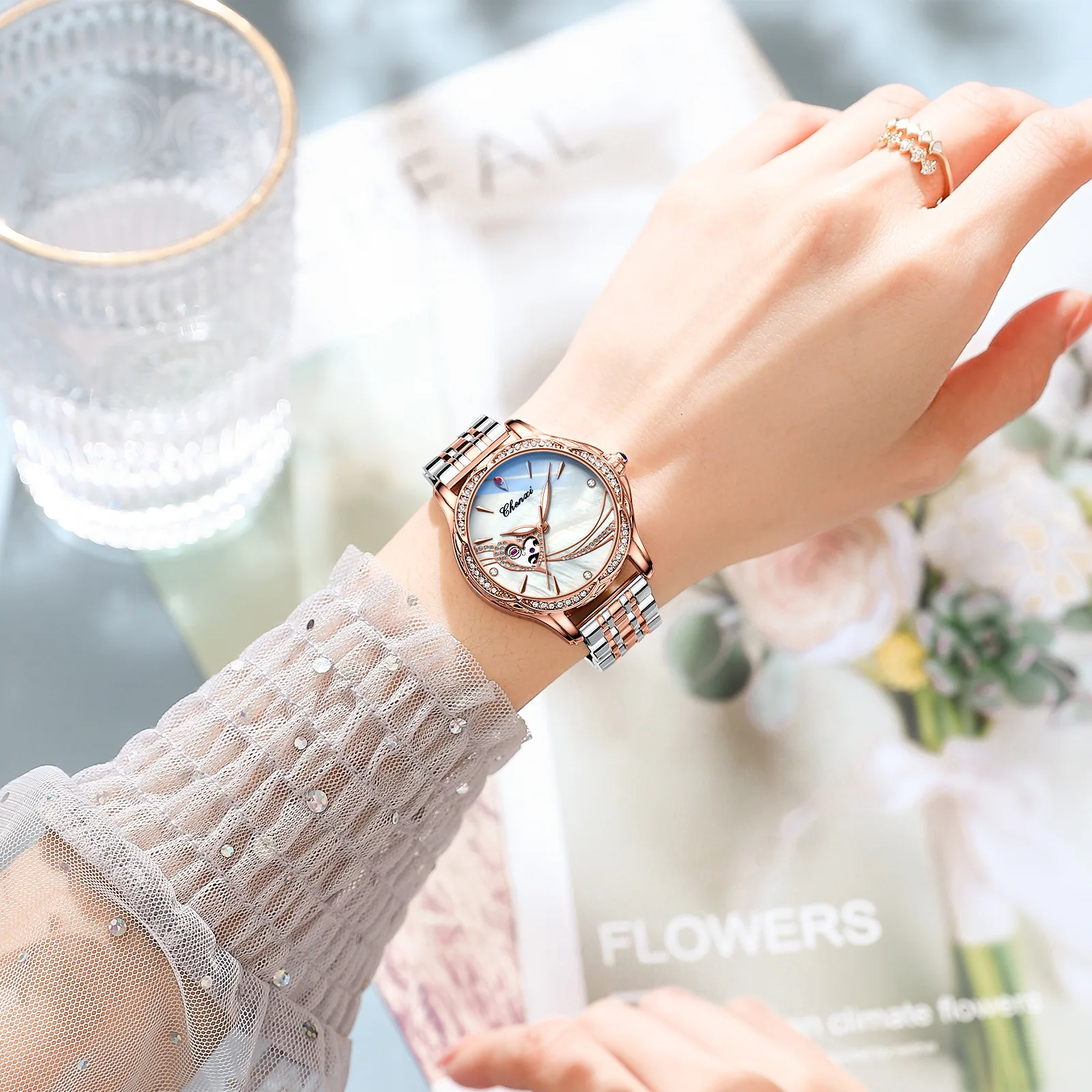Chenxi 2026 fully automatic mechanical watch women's luminous waterproof fashion diamond-encrusted mechanical women's watch