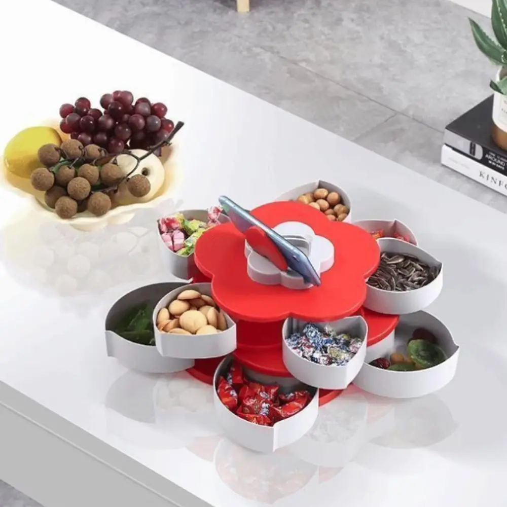 

Customizable Dried Fruit Plate 2-layer Rotating Petal Candy Box Dust-proof Plastic Snack Tray with Phone Holder Jewelry