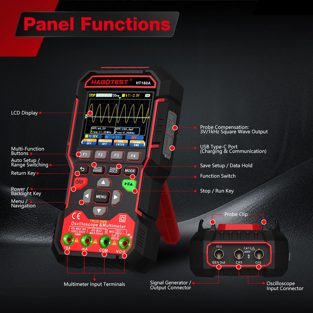 HABOTEST HT180A 3-in-1 Oscilloscope Multimeter Signal Generator High Precision Dual Channel Portable True RMS Waveform Tester