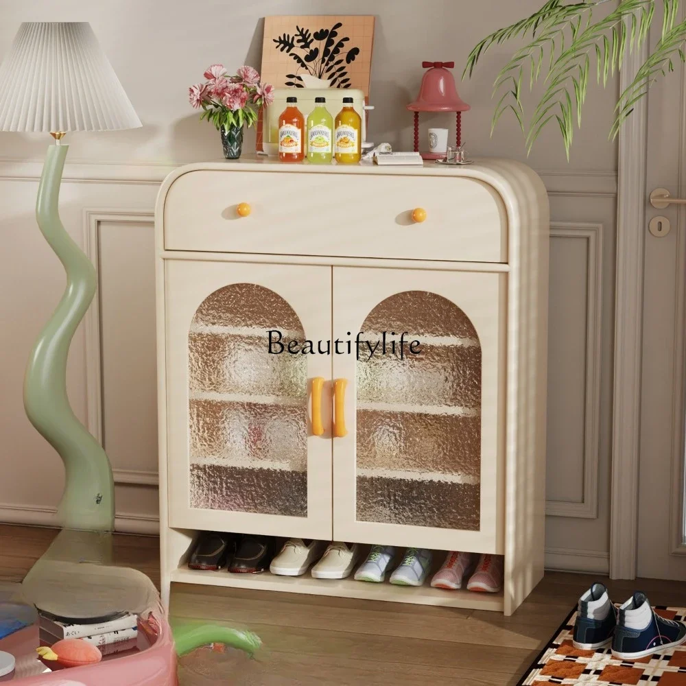 

GG8.Cream style shoe cabinet household door home storage cabinet integrated against the wall shoe rack