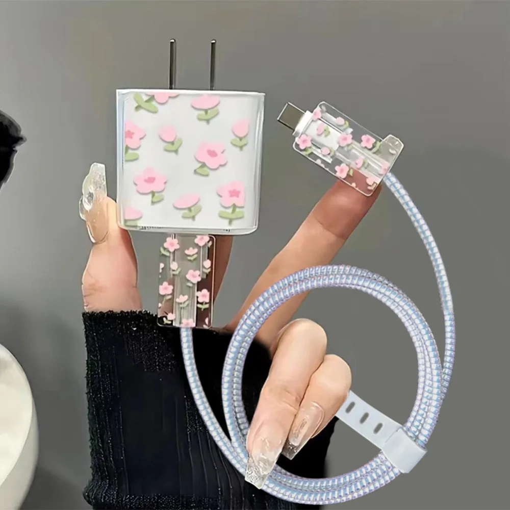 Cute Flowers Charger Cover for iPhone 17 16 Pro Max 15 14 13 12 18W 20W USB Cable Winder Organizer Protection Case New