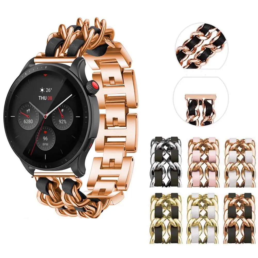 20 22 мм модный кожаный ремешок для часов с металлической двойной цепочкой для Huami Amazfit GTR 2 2e 3 4 Pro GTR 42 47 мм Mini PACE Stratos 2 2S 3