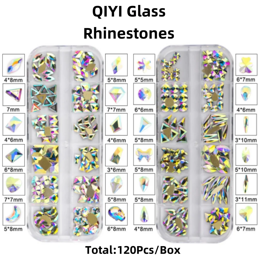 12 Grids Colorful White Series Boxed Mix Different Shape Rhinestones Golden Bottom Glass Crystal For Garment Nail Art Decoration