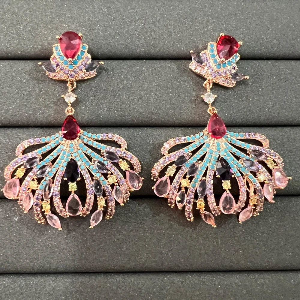 Vintage Peacock Feather Long Tassel Earrings for Women Colorful Cubic Zirconia Earrings Bohemian Formal Accessory for Banquet
