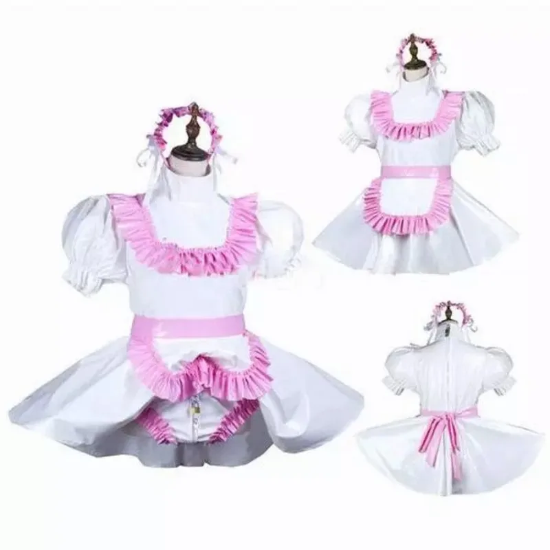 

Sexy sissy French maid white PVC lockable ruffle edge dress maid cosplay costume customizable