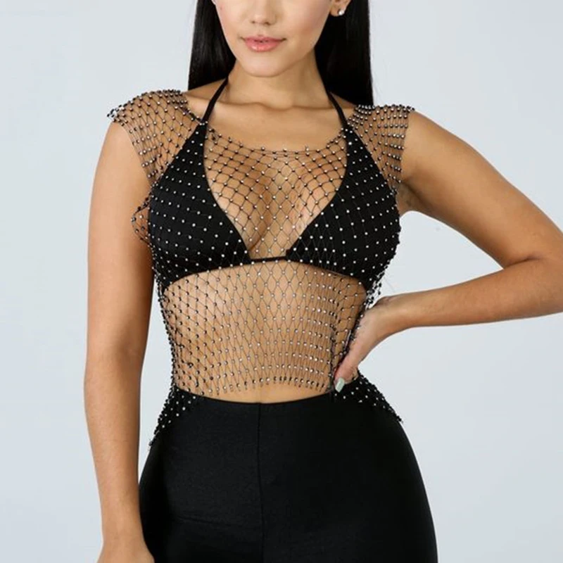 Summer Glitter Rhinestone Women Crop Top Fishnet Mesh See Through Sexy Beach Bikini Cover Up Club Party Streetwear Tank Tops Tee