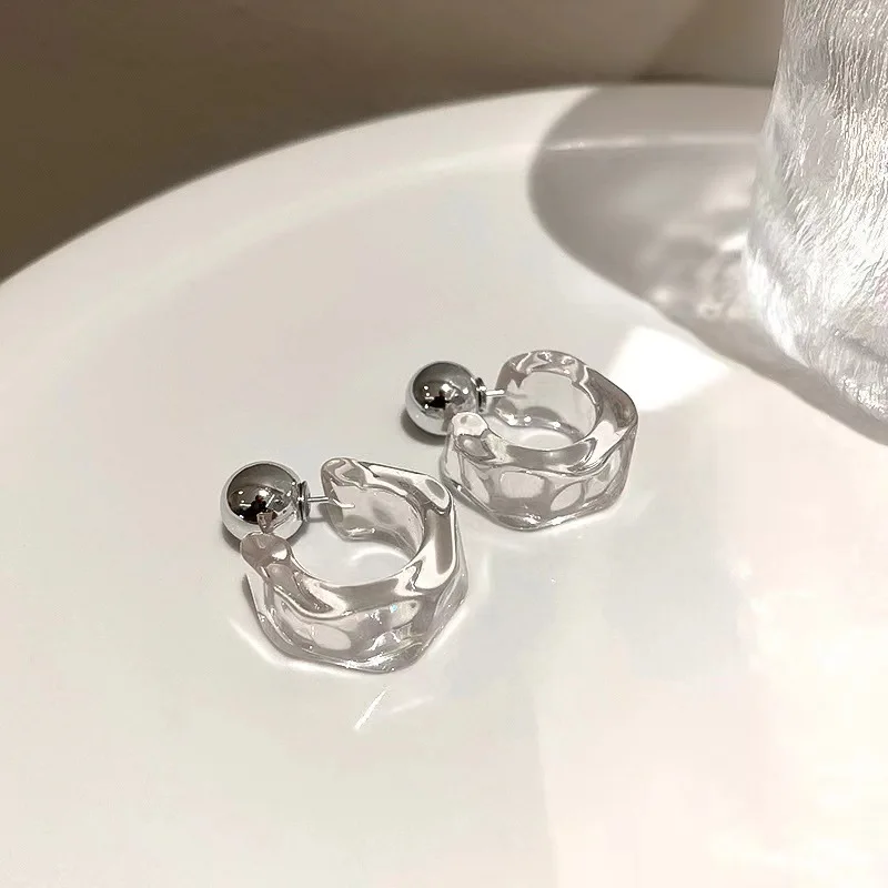 New Acrylic C Shape Earrings for Women Metal Bean Double Layer Drop Earrings Party Gift Trendy Jewelry White Blue Grey