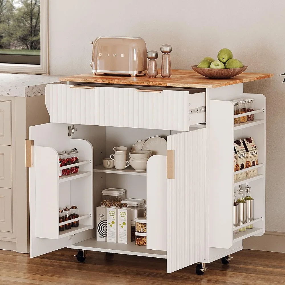 

Kitchen Island Cart with Storage, Rolling Kitchen Cart on Wheels with Drop Leaf, Drawer & Double Door Cabinet, Customized
