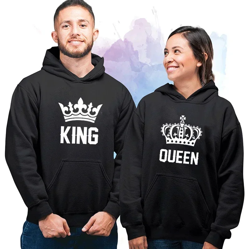 

Couple Crown Design Hooded Sweatshirt King Queen Printed Hoodies Lover Autumn Winter Streetwear Casual Pullover Tops
