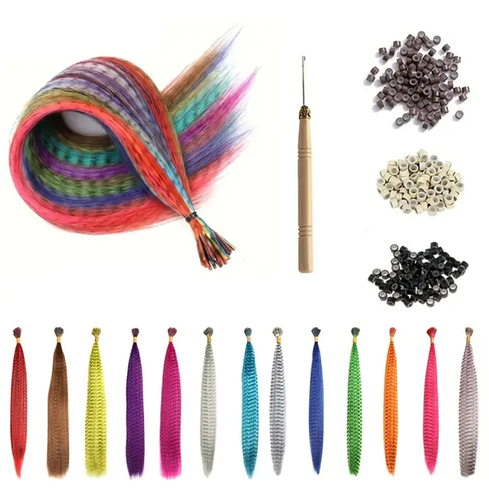 Colorful Synthetic Feather Extensions 16 Inch Long Hair Tool Set for Women 13 Available Colors 65 Pcs Set