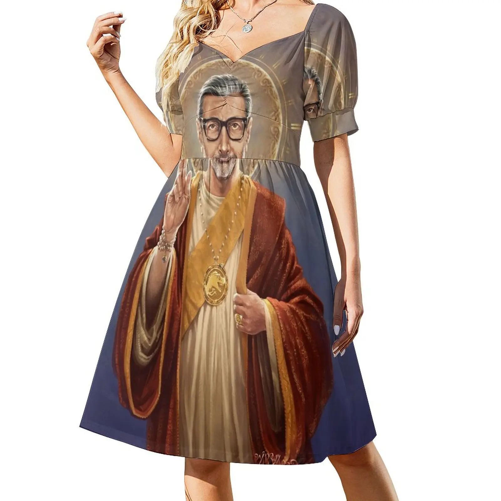 Saint Jeff of Goldblum, Jeff Goldblum Pintura Religiosa Original Vestido de Manga Curta Vestidos Mulher vestido de baile 2025 Vestido