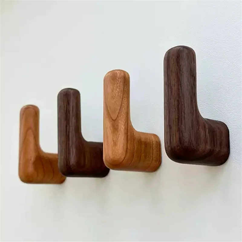 Nordic Solid Wood Round L-shape Cabinet Door Handle Drawer Knob Wall Hooks Black Walnut Wooden Wardrobe Pulls Coat Hook For Room
