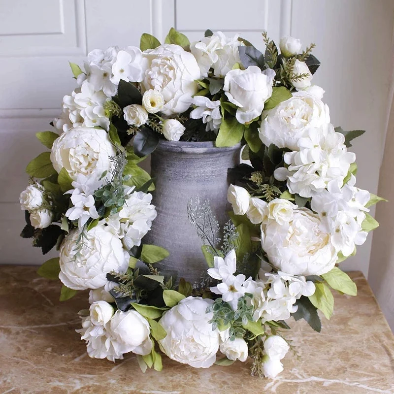 Artificial Garlands Front Door Wreaths, Artificial White Peony Hanging Wreath for Home Party Indoor Outdoor Window Wall