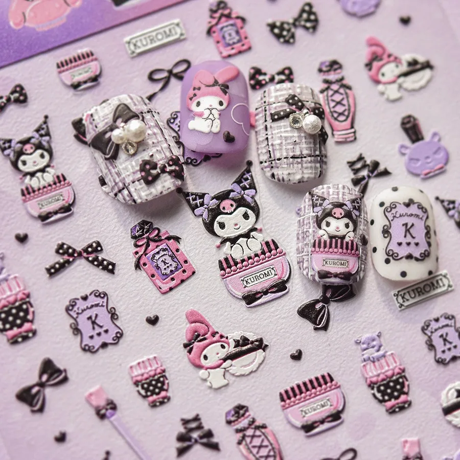 1 pièces 5D Sanrio dessin animé Kuromi mélodie ongles autocollants Anime Nail Art décoration Hello Kitty Pochacco Nail Art décalcomanies