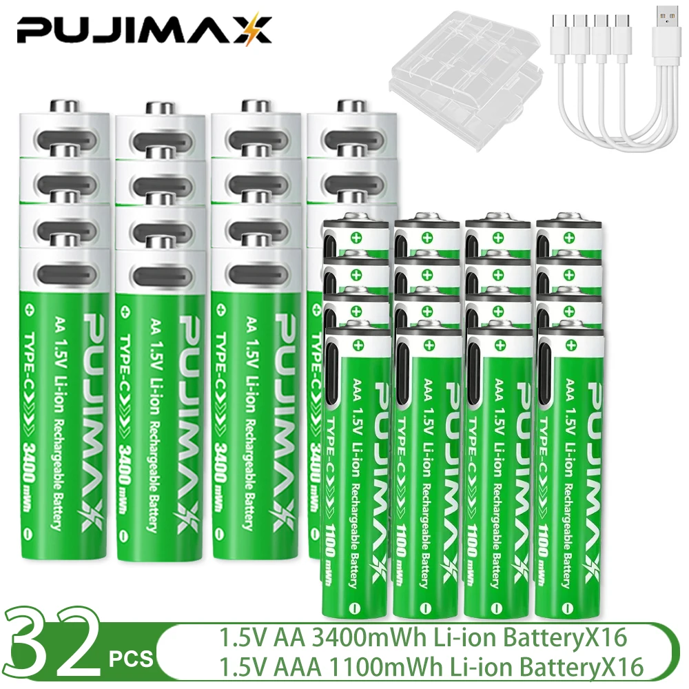 PUJIMAX 1.5V AA&AAA Rechargeable Lithium Battery 3400mWh/1100mWh, Type-C Port Charging Be Reused 1500 Times For Alarm Clocks