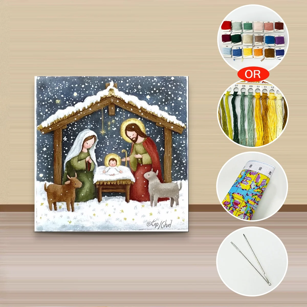 1 Stück 30x30cm/11,8 Zoll, 11Ct/14Ct Kreuzstich-Set, DIY Valentinstagsgeschenk, Stickerei-Set für Festlichkeiten, verschneitete Krippe Joseph Maria – Detail 3