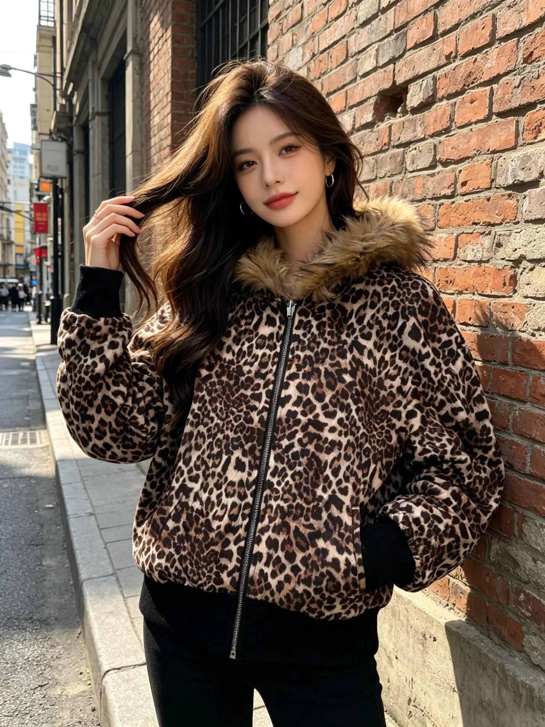 American retro millennium style leopard print personalized trendy cool fur collar men's and women's hooded sweatshirt jacket - view 2