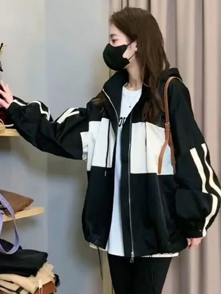 

Уличная женская куртка с капюшоном и застежкой-молнией, цветная блузка, бейсбольная рубашка, весна-осень, Новое поступление, маленький размер, пригородный Sle L...