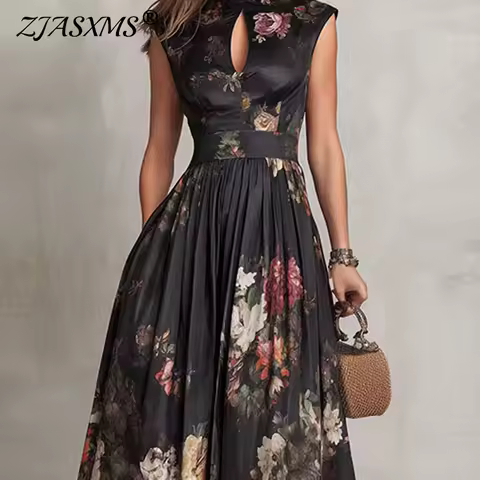 Summer Hot Sleeveless Hollow Evening Dress Woman Mandarin Collar High Waist Pleated Dress Spring Floral Print Satin Long Dresses