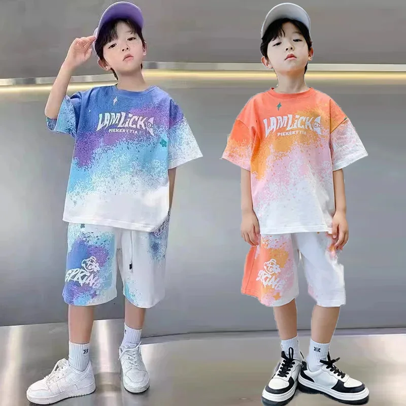 Boys Clothes Sets Teenager Summer Short-sleeved Suit New children's Gradient T-shirt+shorts 2Pcs Outfits Kids Casual Sports Set