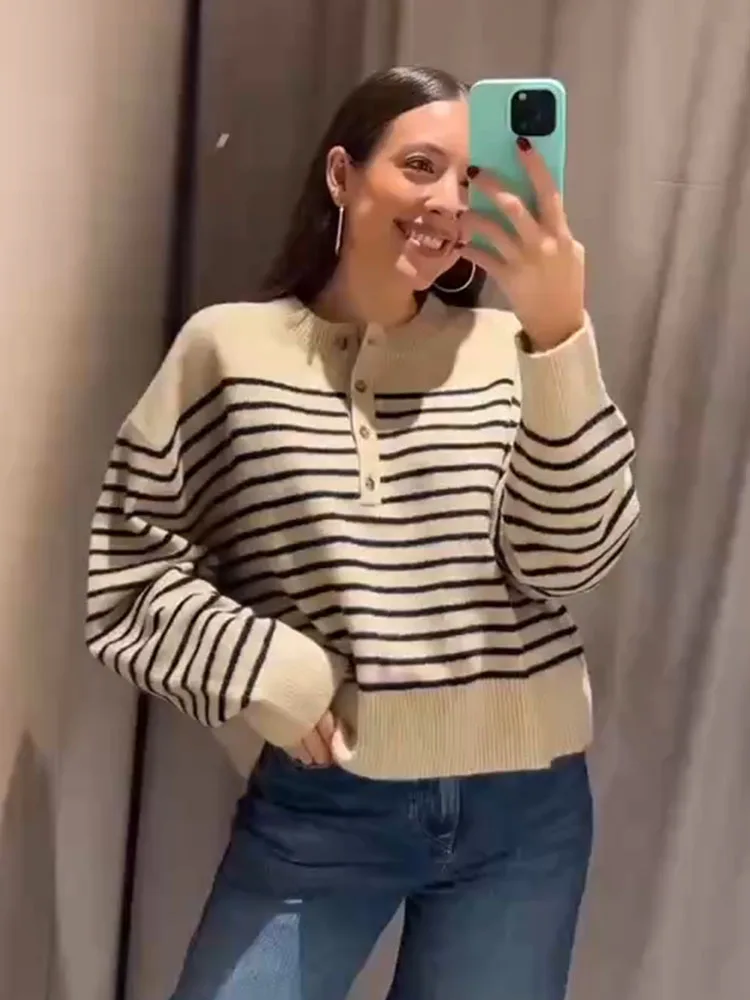 HH mujeres 2026 primavera otoño clásico suéter a rayas ajustado de manga larga Top femenino Casual moda versátil suéter fino