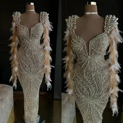 Luxury Beaded Mermaid Prom Dress Pearls Rhinestone Formal Occasion Celebrity Party Sequins Illusion Evening Dresses Customized