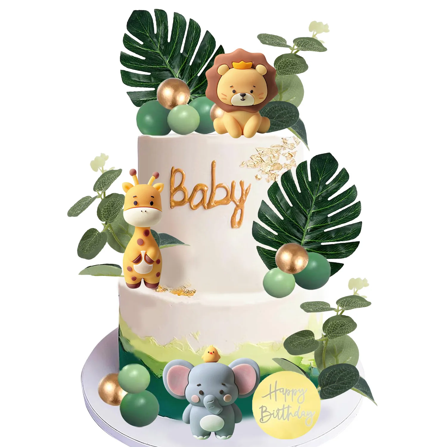 24 stücke Safari Tier kuchen Topper Löwe Elefant Giraffe Palmblätter Schaum ball für wilde Tiere themen orientierte Geburtstags torte Dekorationen