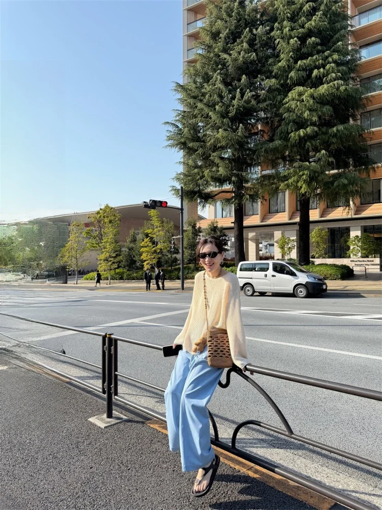 

Летний легкий ажурный вязаный топ Elielim Oxygen Feel Lazy Sle для женщин, свободный тонкий топ с длинными рукавами и круглым вырезом