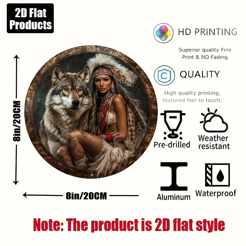 2D Flaches Metallschild mit Indianerin und Wolf, Stammes-Totem-Tier, Indigener Erbe-Wanddekor, Rustikaler Westernstil