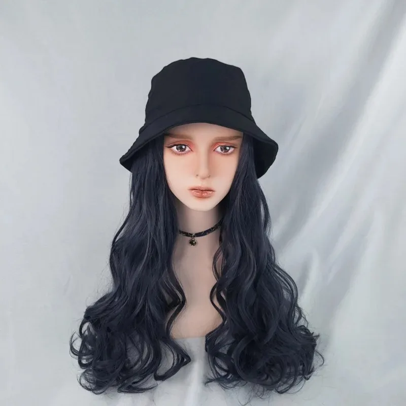 Dark Blue Curly Ripple Synthetic Wig with One-Piece Fisherman's Hat Design Women's Fashion Hairpiece
