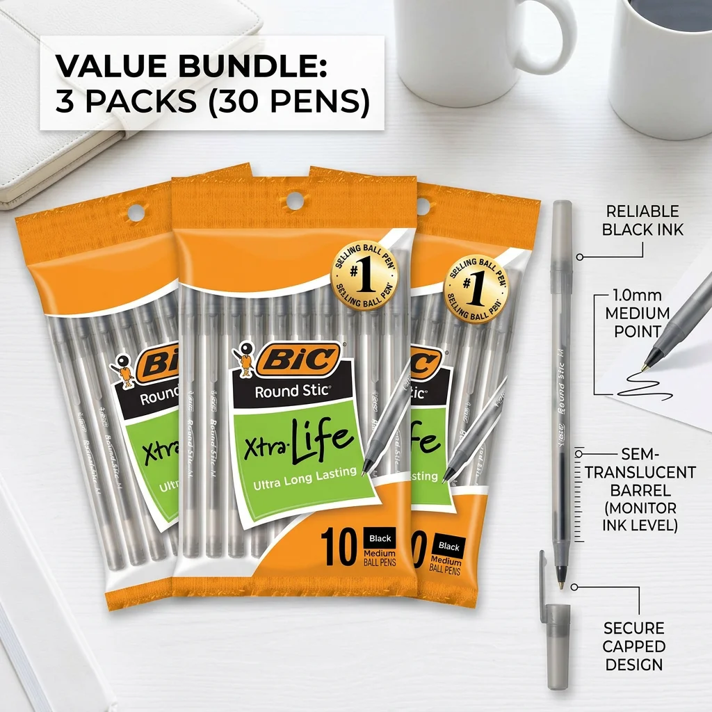 Total Stationery & Office Supply - 2026 New 3 Pack Black Ballpoint