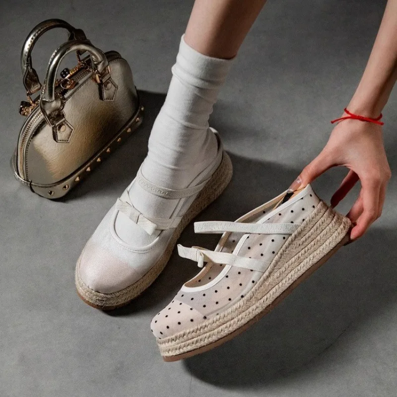 Women's Gauze Mesh Wedges Shoes 7 cm Slip on Woman  Platform Designer for 2025 Summer Ladies Female Casual Slingback Shoe