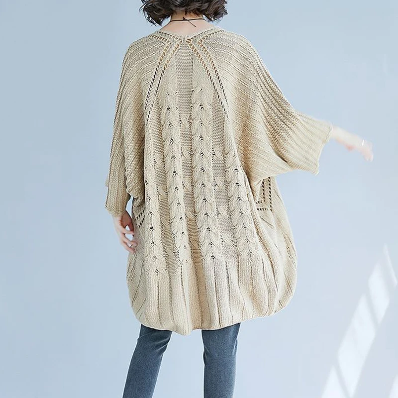 Autumn Winter Women\'s Simple Casual Hollow Oversized Knitted Sweater Chic Solid O Neck Long Sleeve Irregular Tunic Pullover Tops