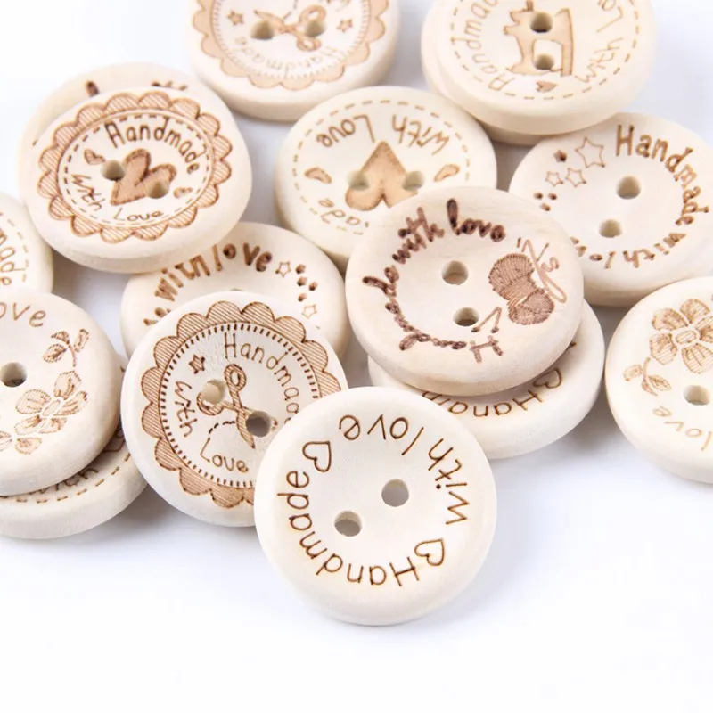 40pcs 20mm Wood Round Handmade With Love Buttons Laser Sewing DIY 2 Holes Garment Sweater Crafts For Scrapbooking Embellishment