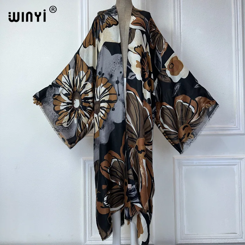 WINYI summer kimono beach wear women 2024 dress beach cover up Cardigan boho Hot stamping coat abayas dubai luxury muslim dress