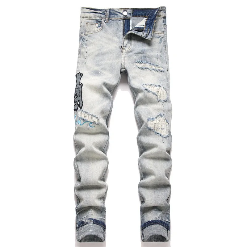 Hand Embroidered Jeans Men National Style Pattern Personality Cotton High Elastic Slim Trousers 3D High Street Wash Hole Skull 5