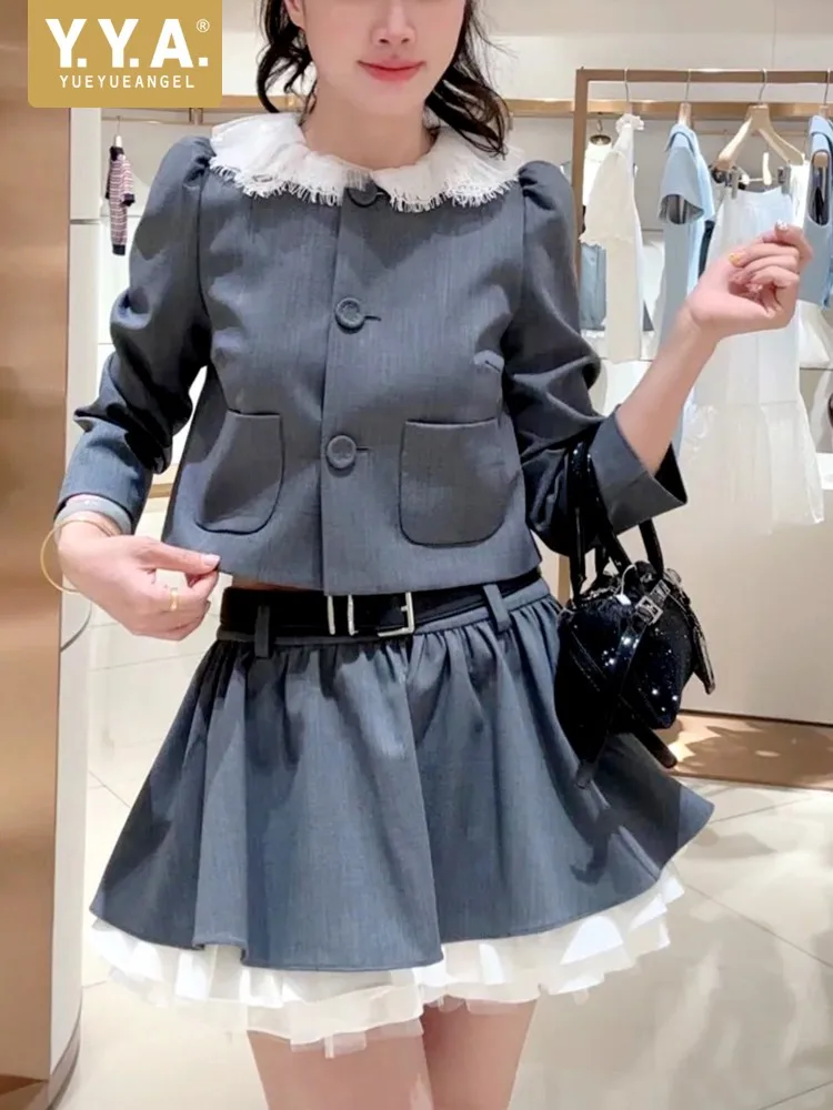Autumn Jacket Skirt Party Sets Lace O-Neck Single Breasted Short Jacket Two-Piece Set Above Knee Length Skirts Outfits Women