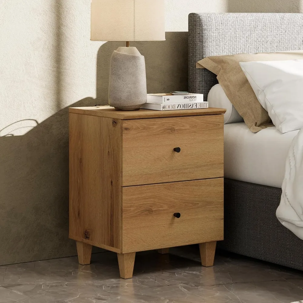 

Nightstands with Charging Station & 2 Drawers for Bedroom, Modern End Tables Farmhouse Wood Bedside Table with 2 AC Outle