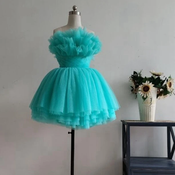 Robe de Rhcourte en tulle pour femme, tenue de soirée, sans bretelles, à volants, maille gonflée, luxuriante, à plusieurs niveaux, à la mode, couleur turquoise