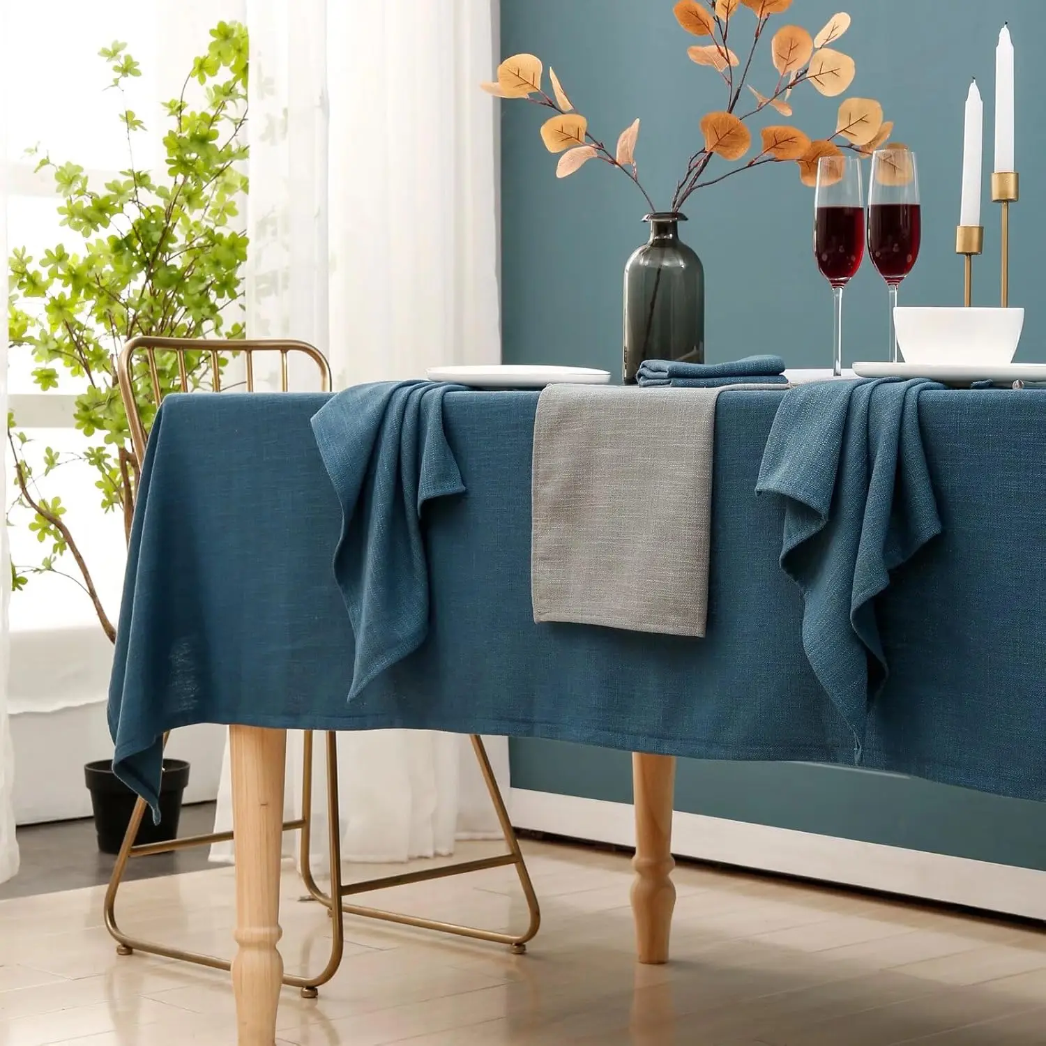 

Blue Table Cloth For Rectangle Table, Waterproof Spillproof Washable Tablecloth, Polyester Linen Dining Table Cover For