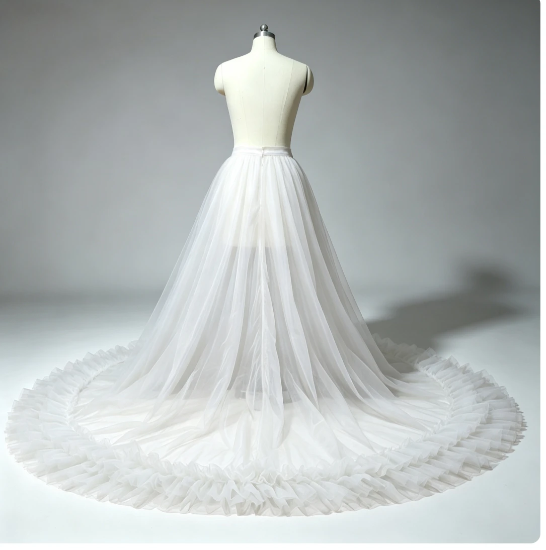 Women Long Tulle Skirt With Train Ruffle Hem High Waist Floor Length Tutu Skirt Wedding Photoshoot Party Prom Evening Costume