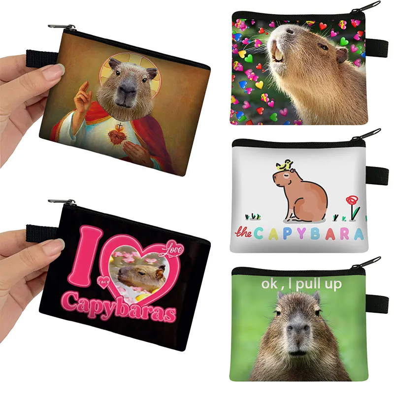 Kawaii Capybara Animals Print Coin Purse Women ID Credit Card Key Earphone Holder Ok I Pull Up Coin Money Bag Mini Kids Wallets