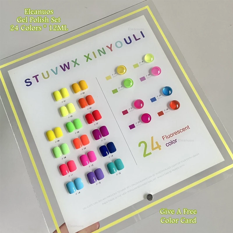 24 Colors Neon Fluorescent Gel Nail Polish Set Summer Bright UV LED Soak Off Vibrant Nail Art Gel Varnish With Free Color Card