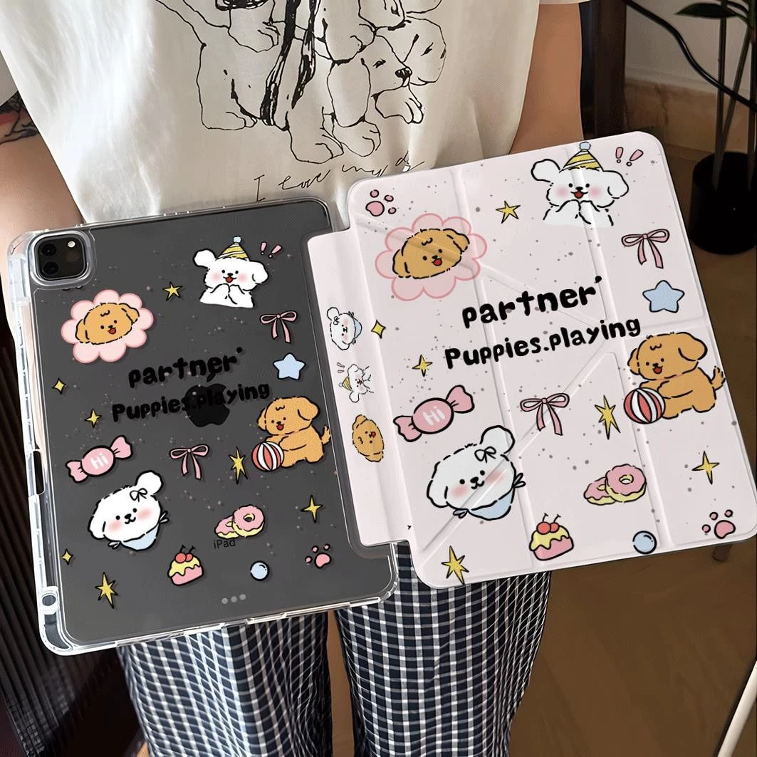 Cute Line Dog Pink Tablet Case For iPad Pro 11 12.9 13 A16 M2 M4 M3 M5 Shell 8.3 9.7 10.2 5/6/7/8/9/10/11th Mini Air 3 4 5 Cover