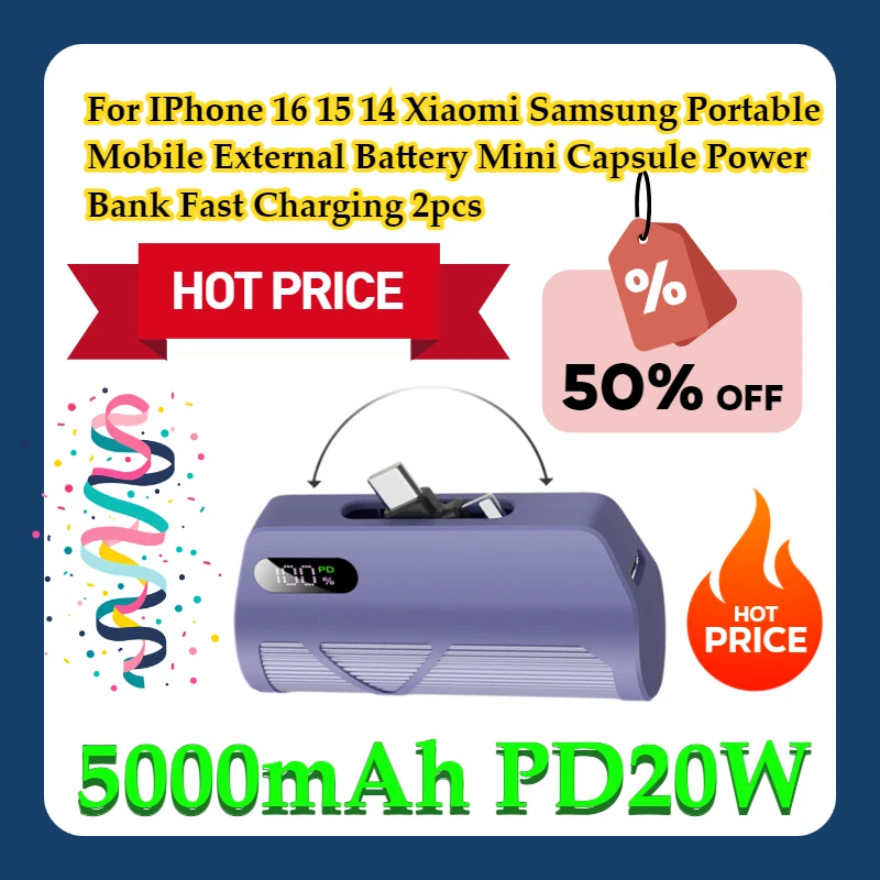 

For IPhone 16 15 14 Xiaomi Samsung Portable Mobile External Battery Mini Capsule Power Bank 5000mAh PD 20W Fast Charging 2pcs