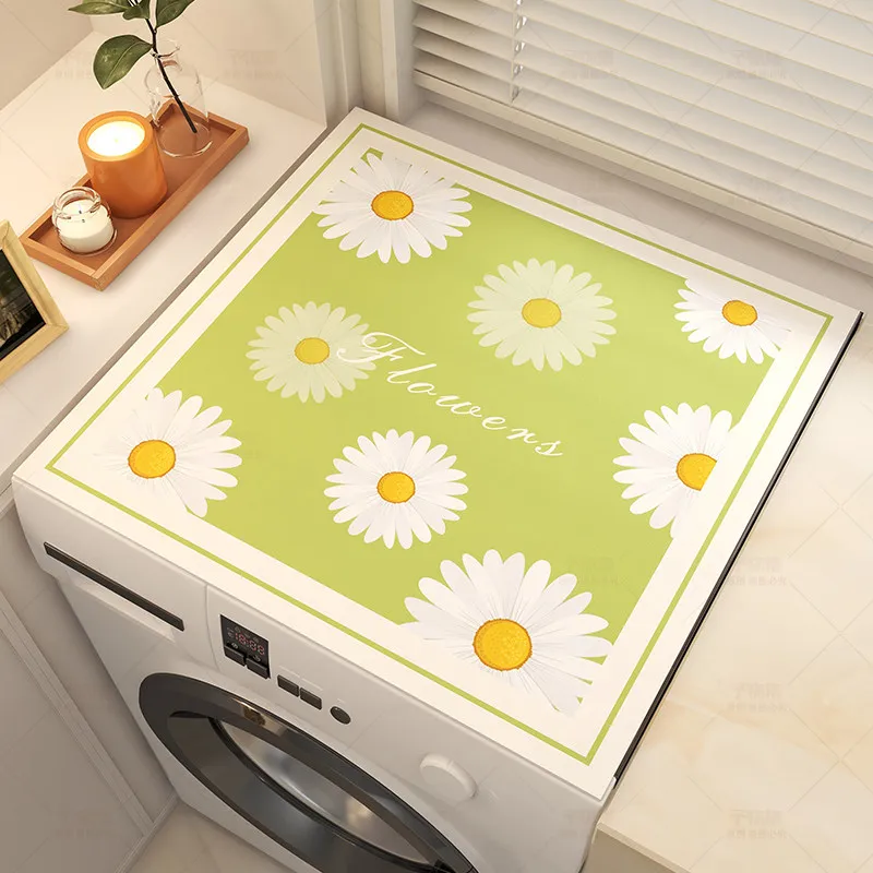 VIKAMA Chamomile Floral Washing Machine Top Mat Green Gold Frame Letter Print Waterproof Anti Dust Dryer Surface Pad