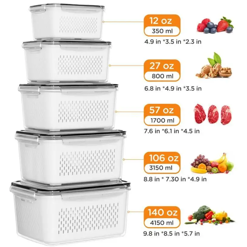 5Pcs Refrigerator Food Storage Containers with Removable Drain Colander Stackable Fridge Organizer Box BPA-Free Fresh Produce Keeper for Fruit Salad Berry Lettuce Vegetable Meat Kitchen Accessories
