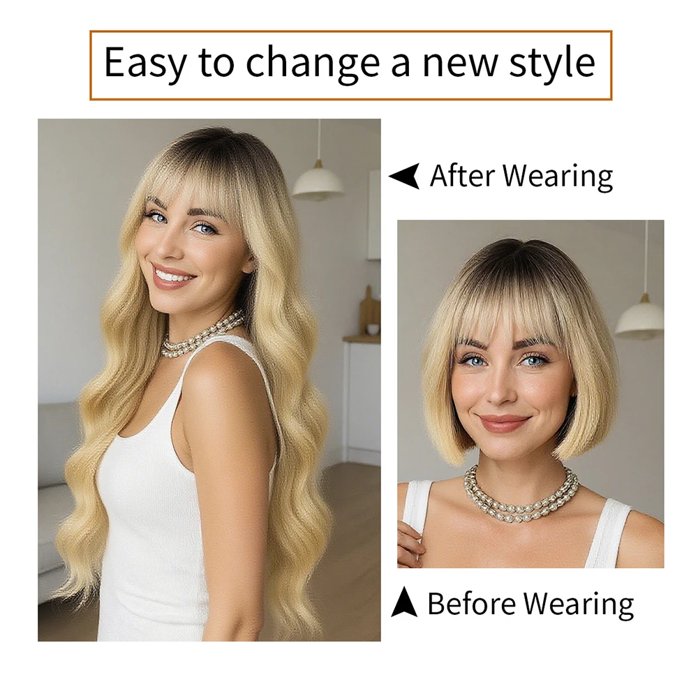 Parrucca sintetica ondulata/capelli lisci Ombre marrone dorato di alto livello, soffice e resistente al calore, adatta per le feste quotidiane delle donne